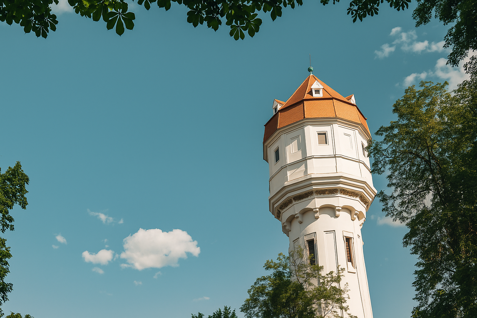 The city's landmark, a white tower with a water tank