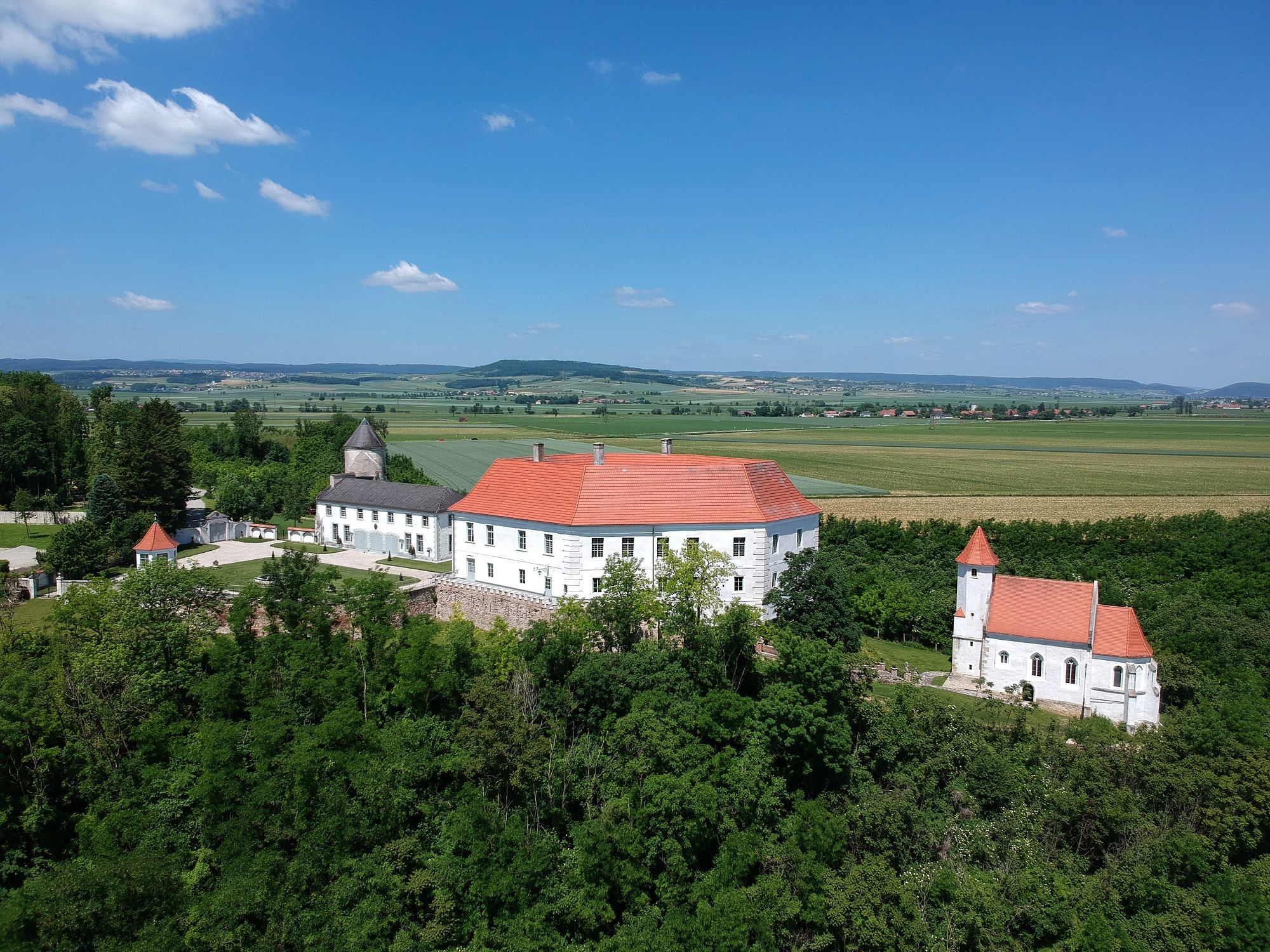Aerial view of Viehofen Castle with red roof, surrounded by green countryside and fields.
