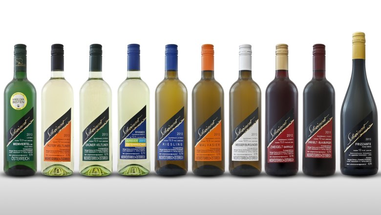 A series of ten wine bottles with different labels and colors.