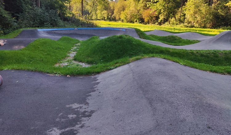 Pump track with asphalt and grass in a wooded environment.