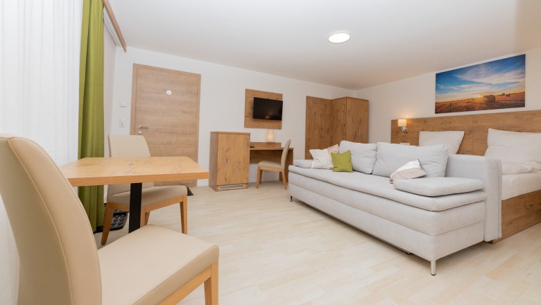 Modern bedroom with sofa bed, table and chairs, wooden furniture and landscape picture on the wall.