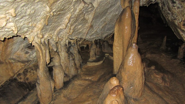 Stalagmites and stalactites in a cave.