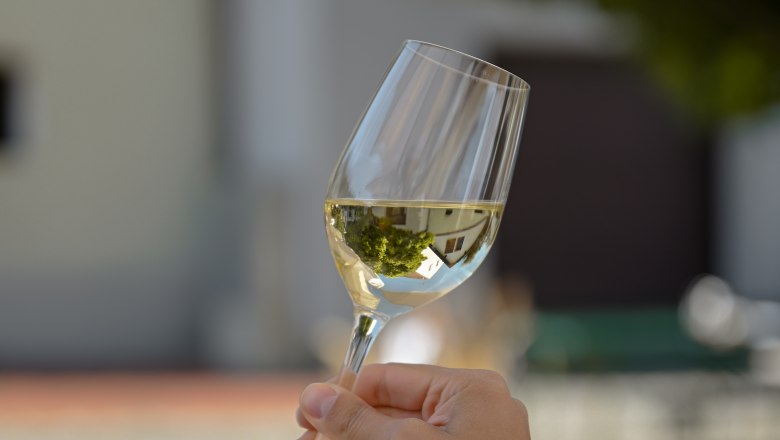 One hand holds a wine glass with white wine outside.