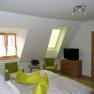 Bright room with skylights, bed, green armchairs and TV.