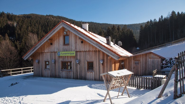 Wooden hut in the snow with sign 'Feeding manger', surrounded by forest.