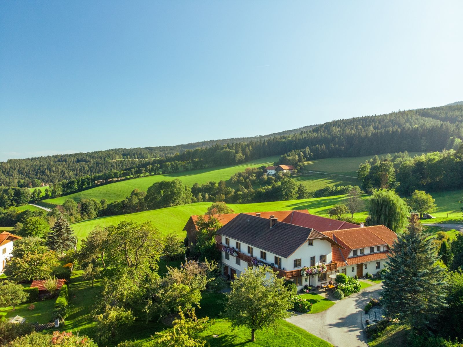 Rural landscape with a large house surrounded by green fields and trees under a blue sky.