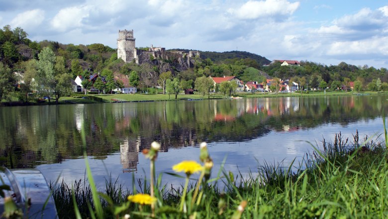 Weitenegg Castle and village on the riverbank with reflection in the water.