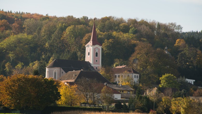 Murstetten church in an autumnal landscape with trees in the background.