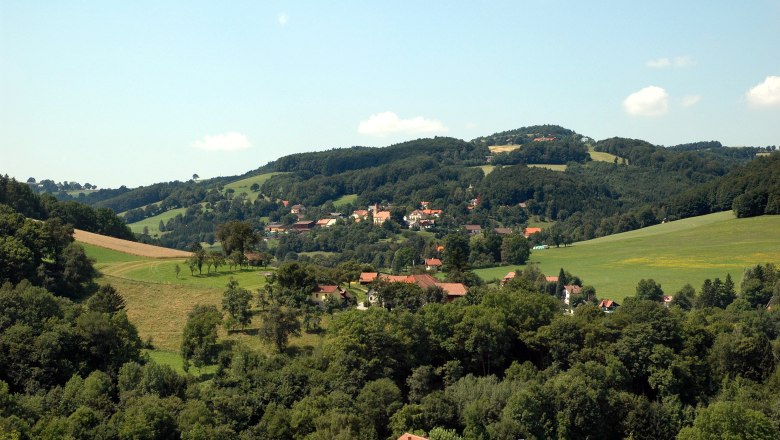 Landscape with hills, forests and a village in the background.