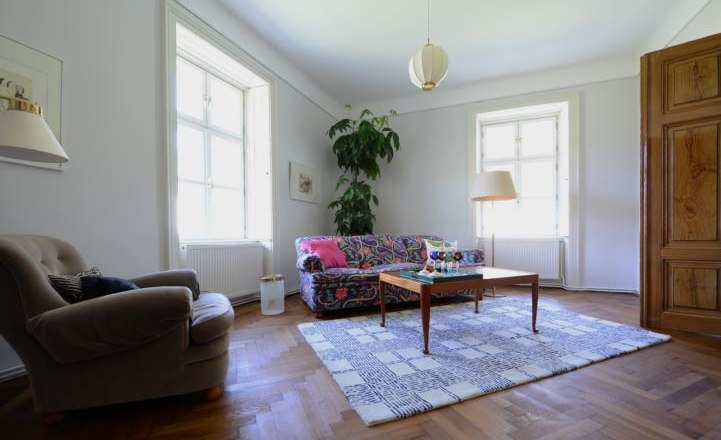 Living room with colorful sofa, armchair, carpet and plants.