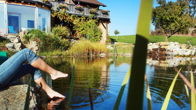 Person sitting at the edge of a pond with his feet in the water, in front of a farmhouse with a garden.