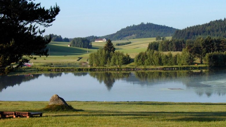 A peaceful lake with surrounding meadows and forests in a rural landscape.