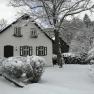 Snow-covered house with green shutters and trees in the background.