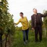 Two people in the vineyard, a woman in a yellow sweater and a man in a jacket, point to grapevines.