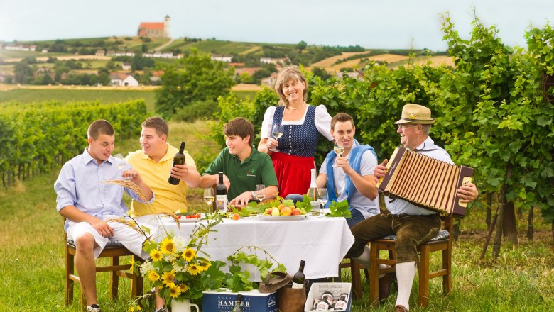 Family sitting at a table in the vineyard, drinking wine and enjoying the scenery.