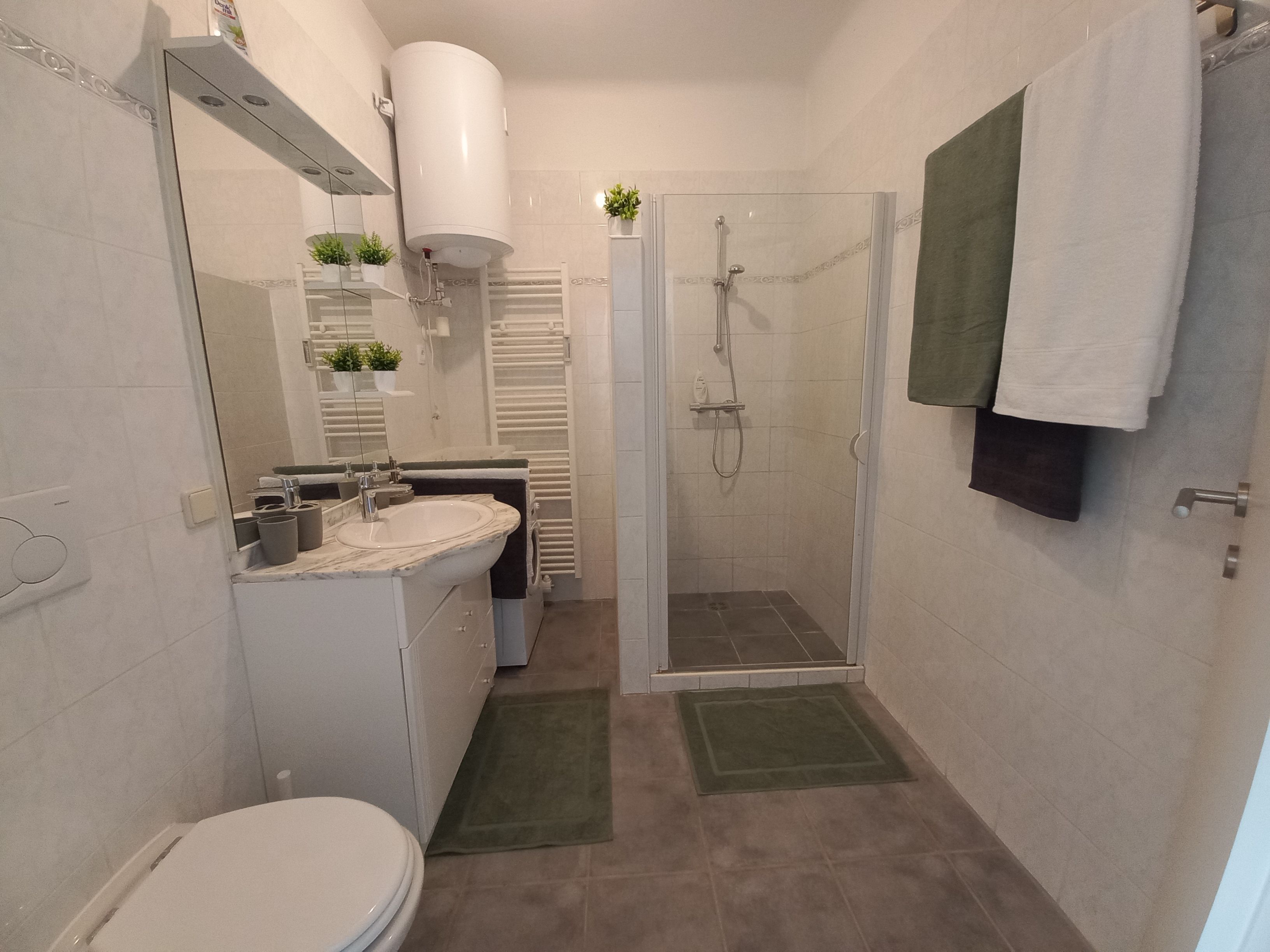 Modern bathroom with shower, washbasin, mirror and towels.