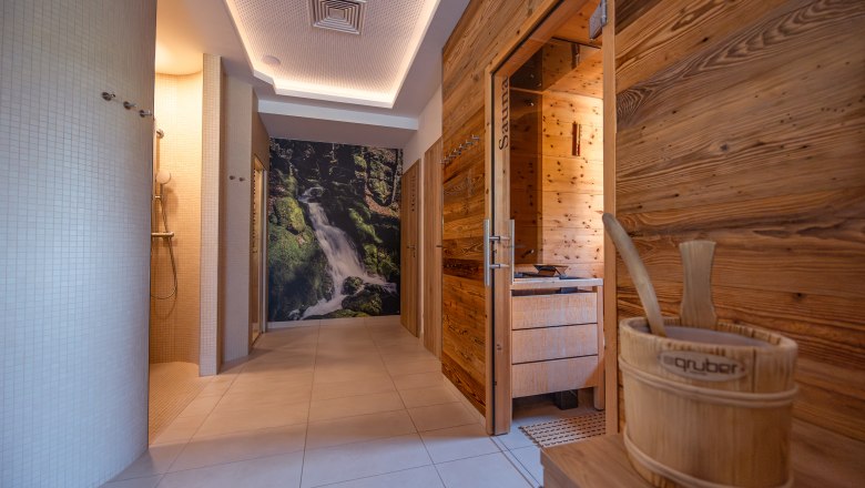 Interior view of a wellness area with sauna and shower.