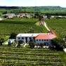 Aerial view of an inn surrounded by vineyards.