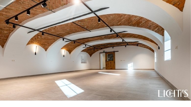 Empty function room with vaulted brick ceiling and wooden door.