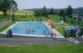 An outdoor pool with several people, surrounded by green landscape and trees.