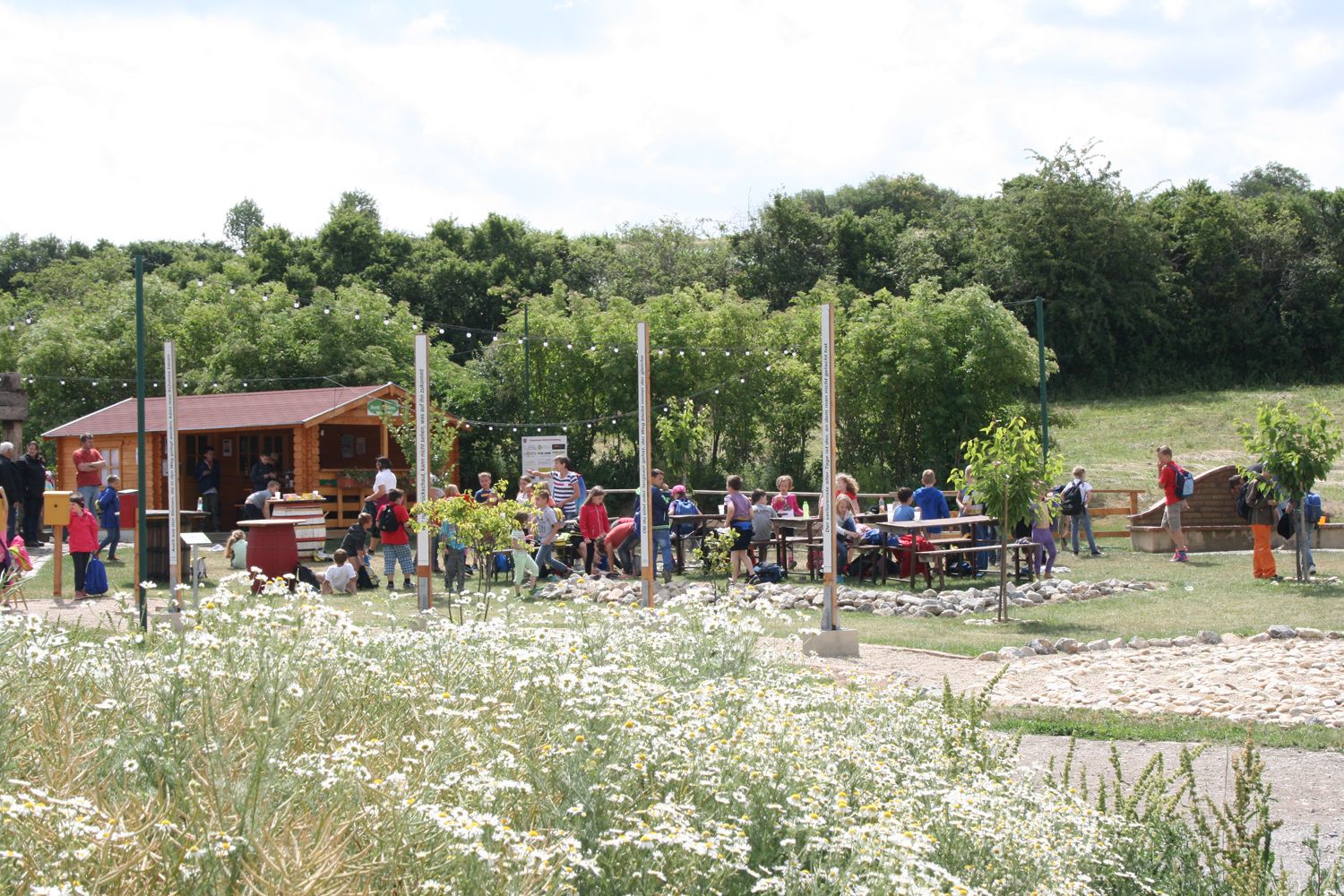 People sit at tables outside, surrounded by flowers and trees.