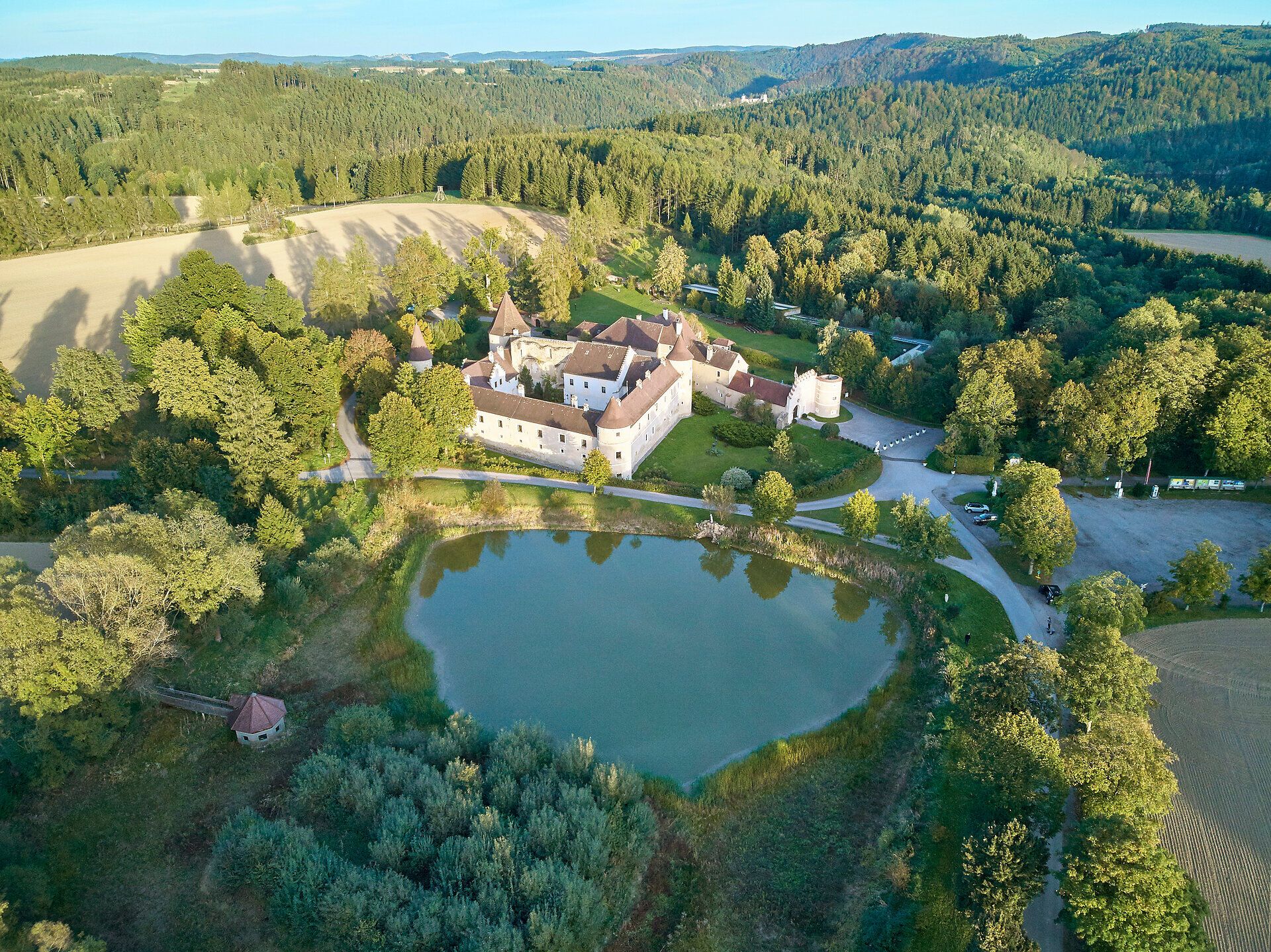 Aerial view of Waldreichs Castle surrounded by forest and a pond.