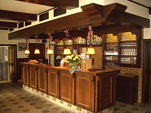 A traditional bar area with wooden counters and glasses.