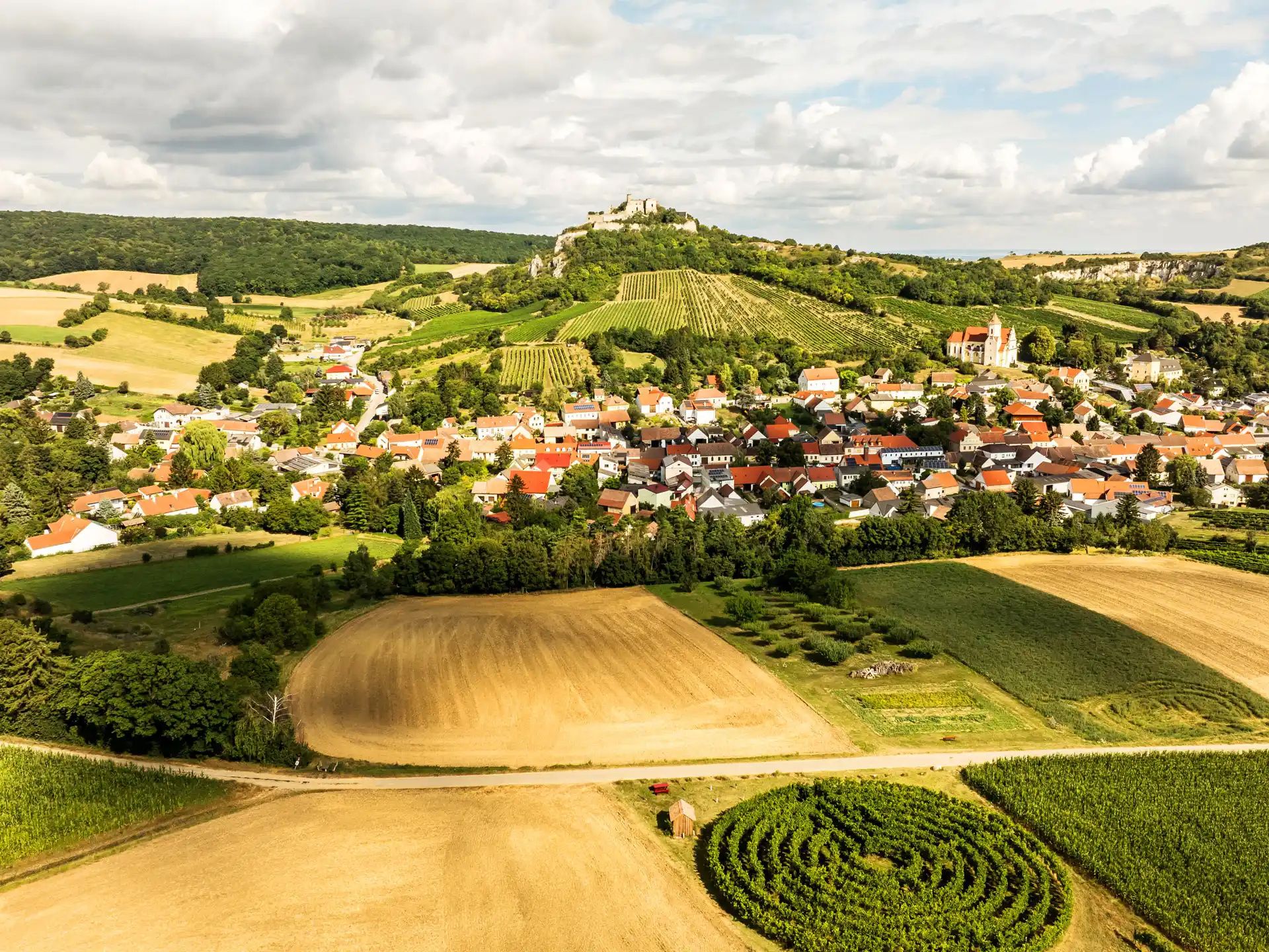 Aerial view of Falkenstein with fields, vineyards and a castle on a hill.