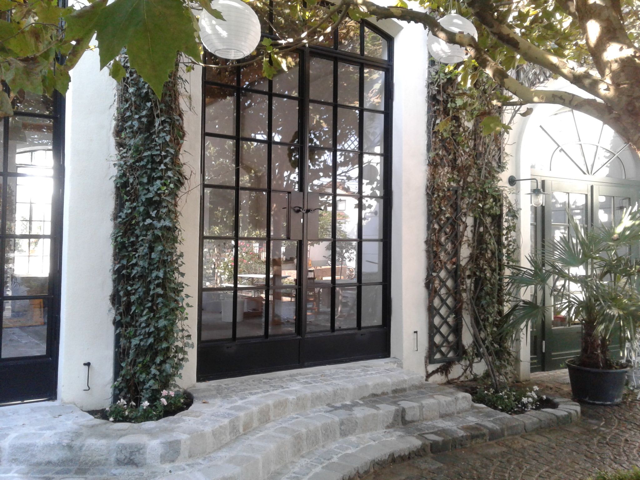 Entrance area with large glass windows, ivy and paving stones.