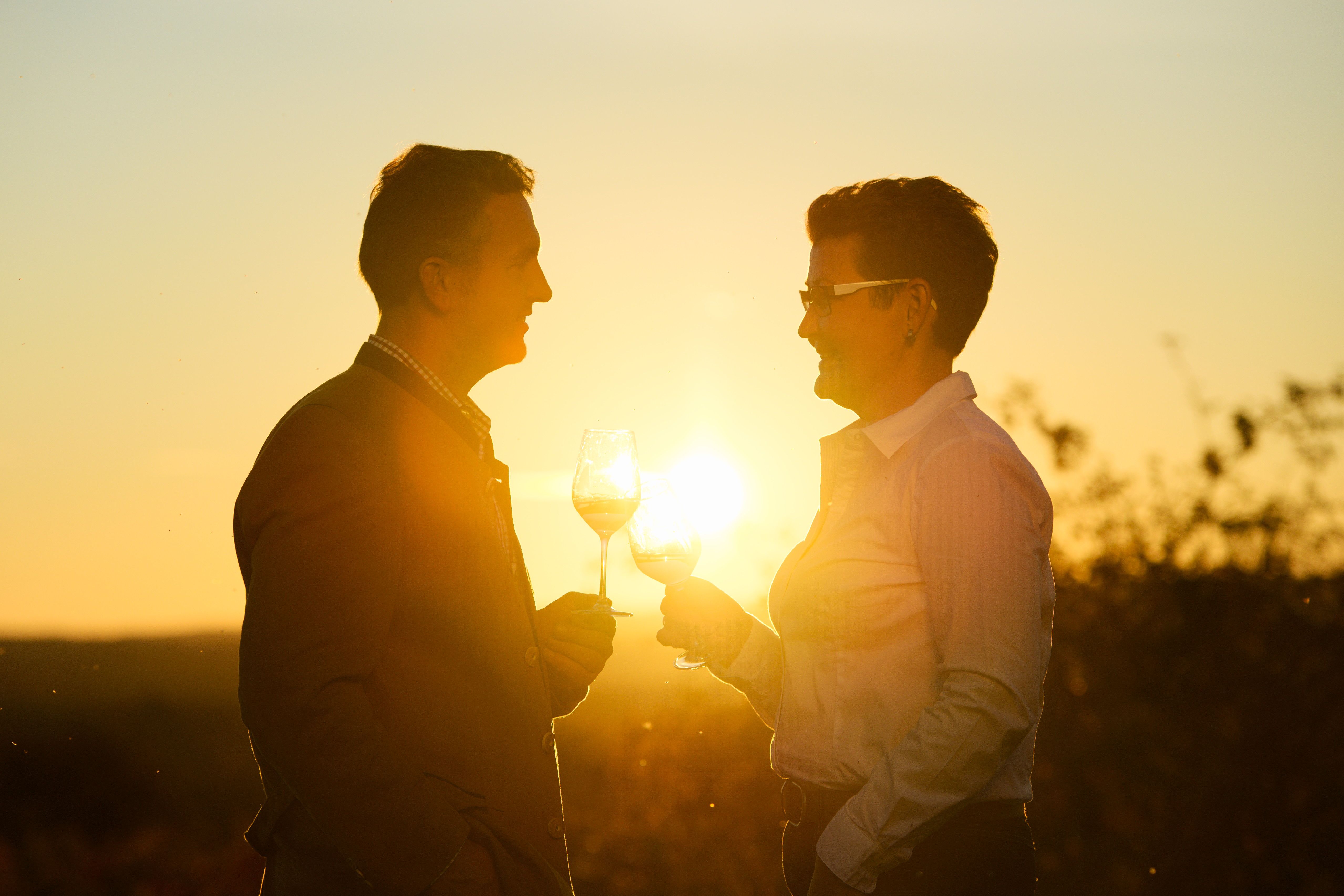 Two people clink glasses of wine in the sunset.