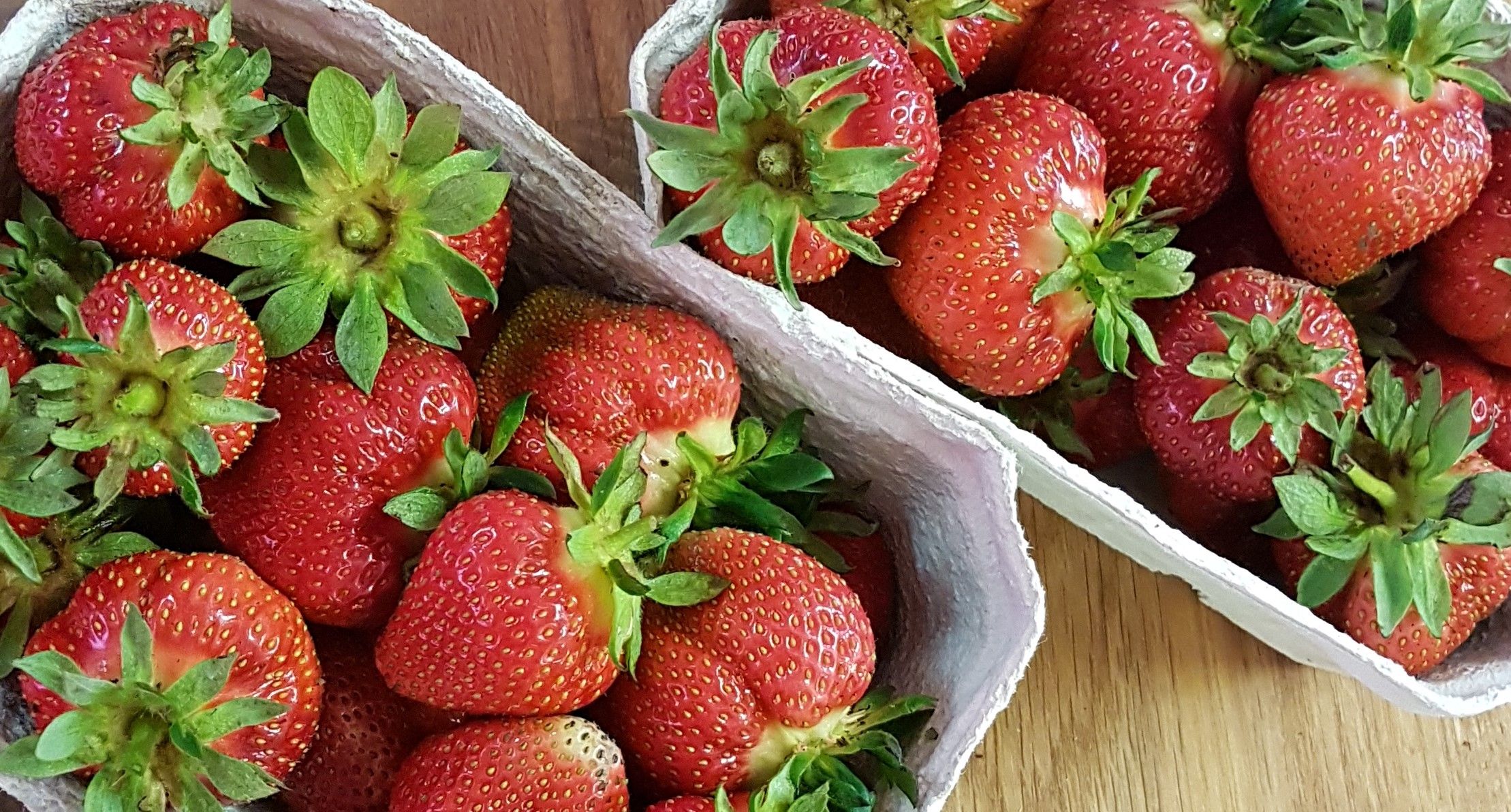 Fresh strawberries in two cardboard bowls on a wooden table.
