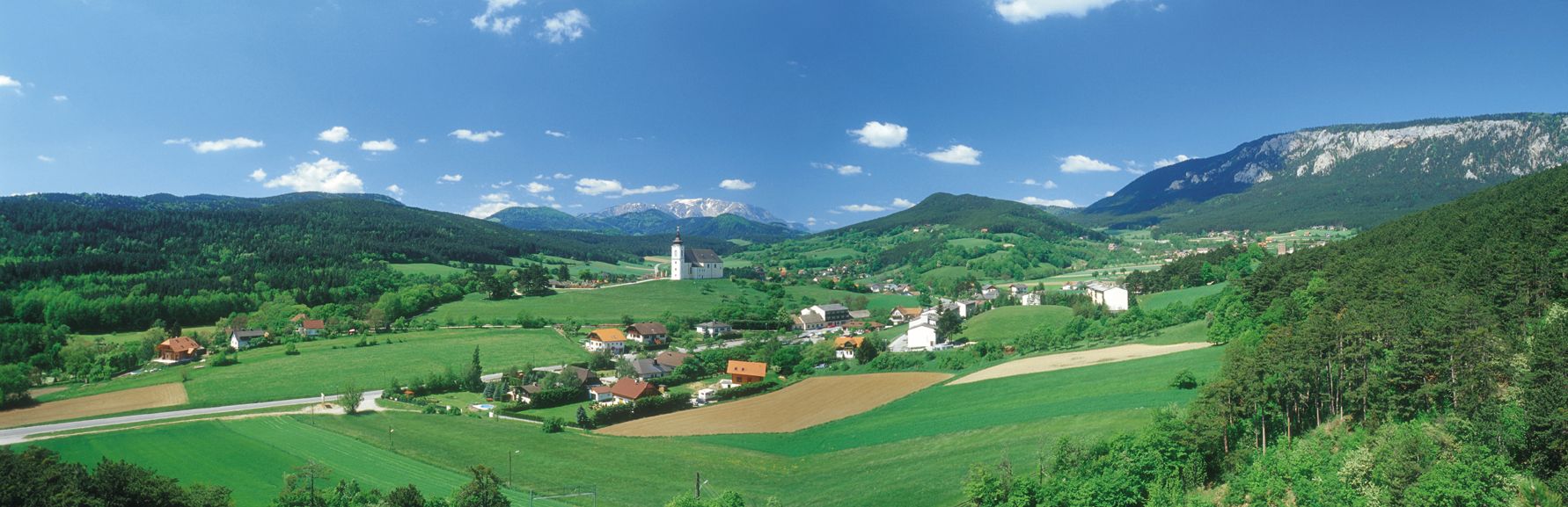 Panoramic view of Höflein with church, green fields and mountains in the background.
