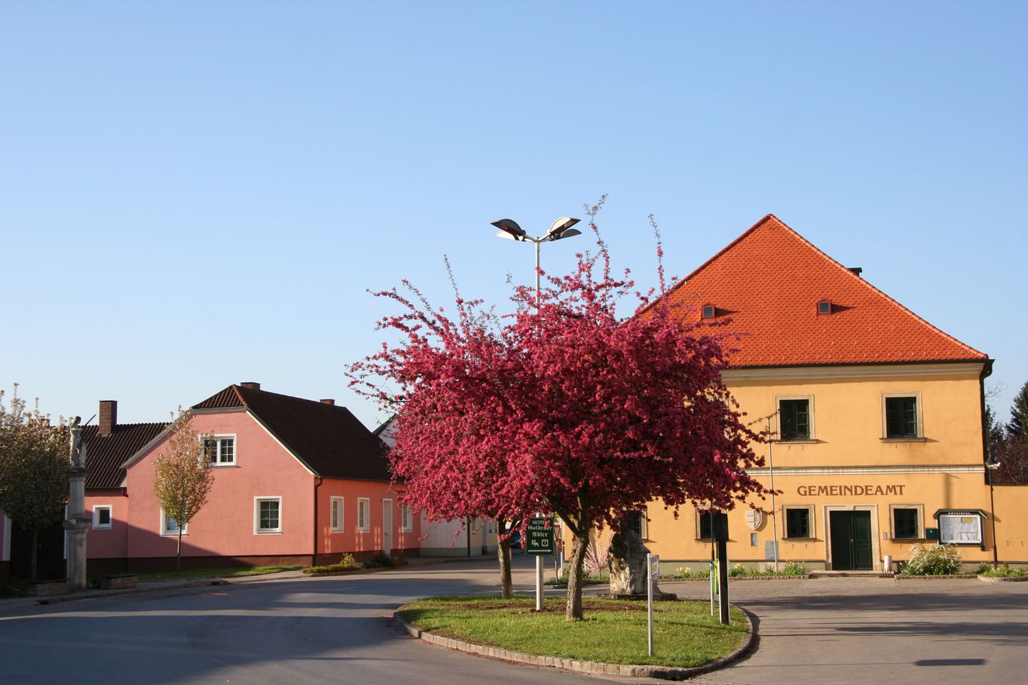 A yellow building with the inscription 'Gemeindeamt' and a blossoming tree in front of it.