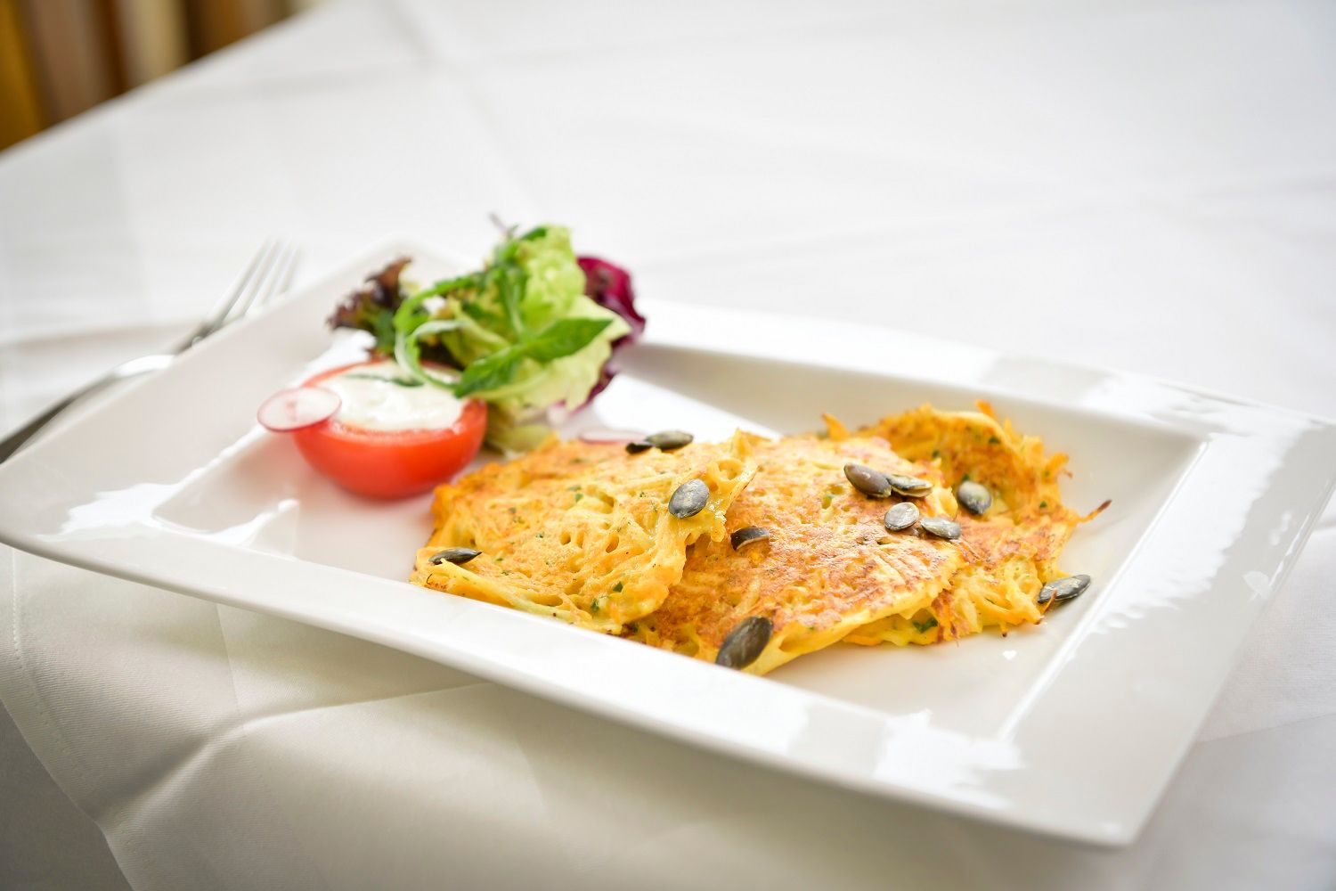 A plate of potato pancakes, pumpkin seeds and salad on a white table.