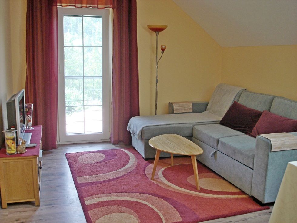 Living room with gray sofa, red carpet and glass door.