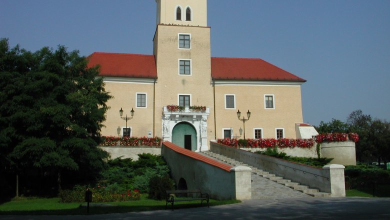 A castle with a tower and red roofs, surrounded by flowers and trees, under a clear blue sky.