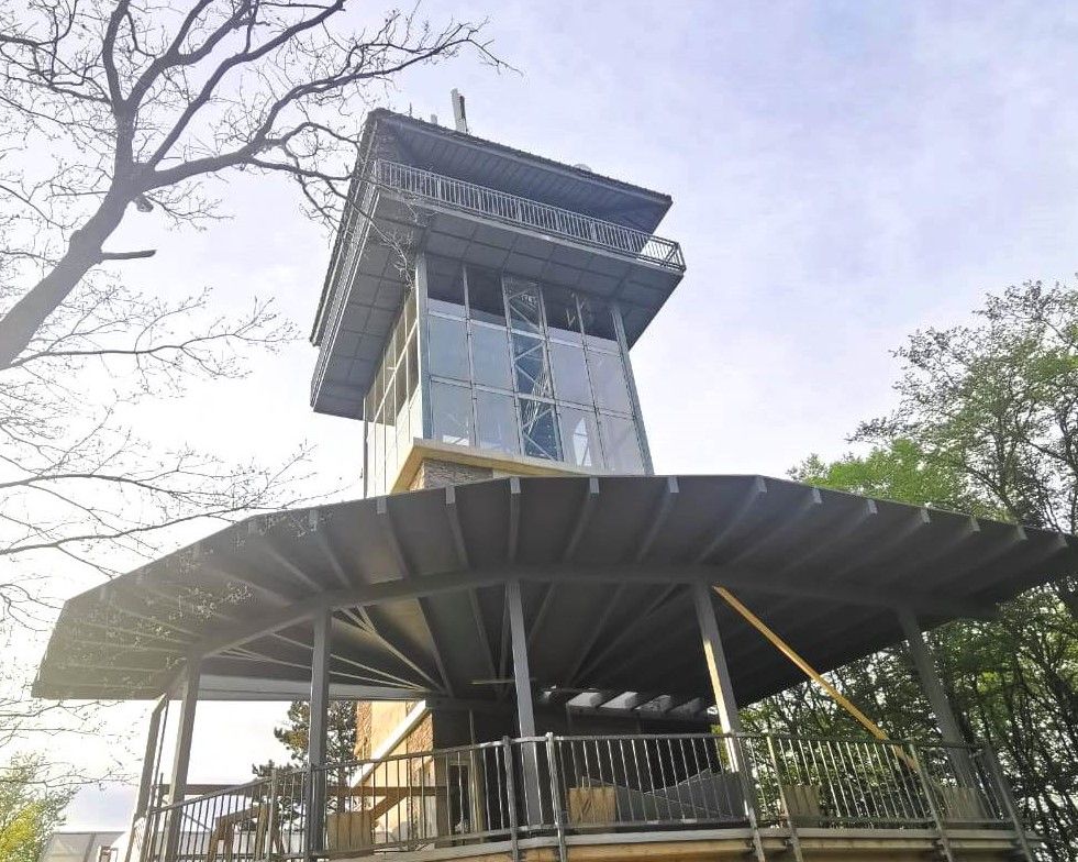 Exterior view of tower cafe with glass façade and metal structure, surrounded by trees.