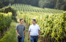 Two men walk through a vineyard smiling.