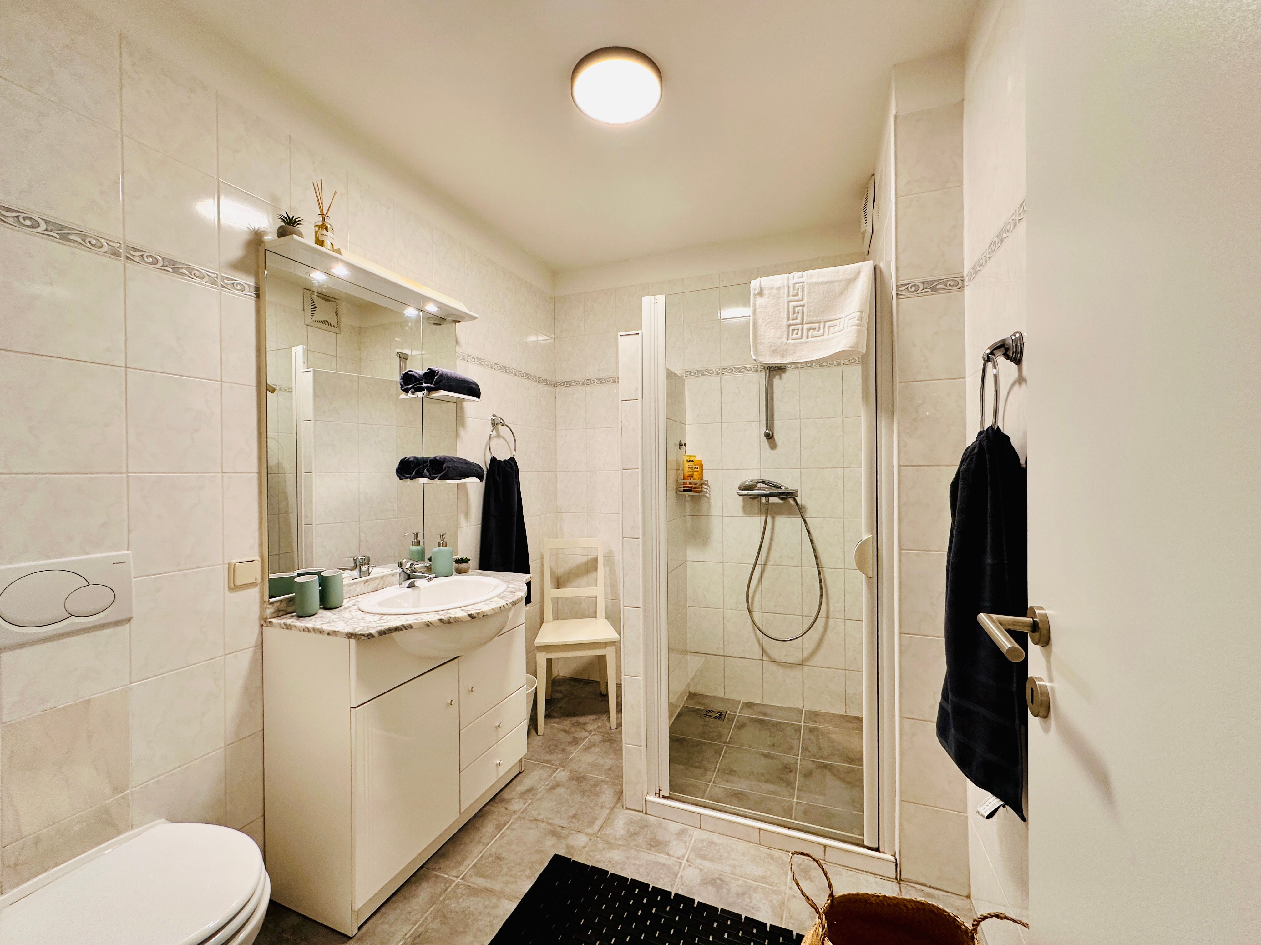 Modern bathroom with shower, washbasin and WC.