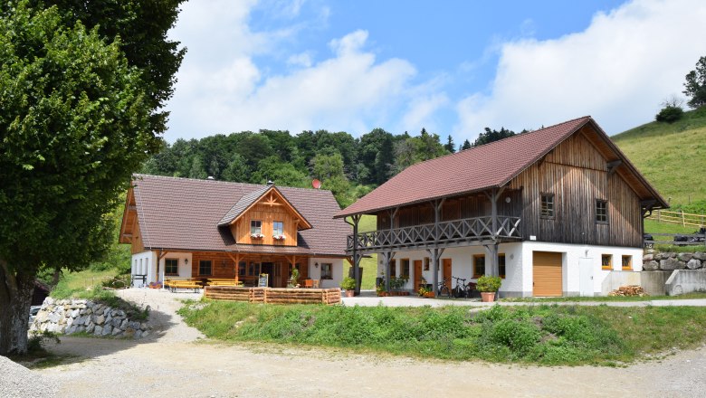 Two traditional wooden houses on a mountain pasture with a green hill in the background.