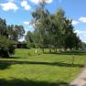 Green meadow with trees and a narrow path under a blue sky.