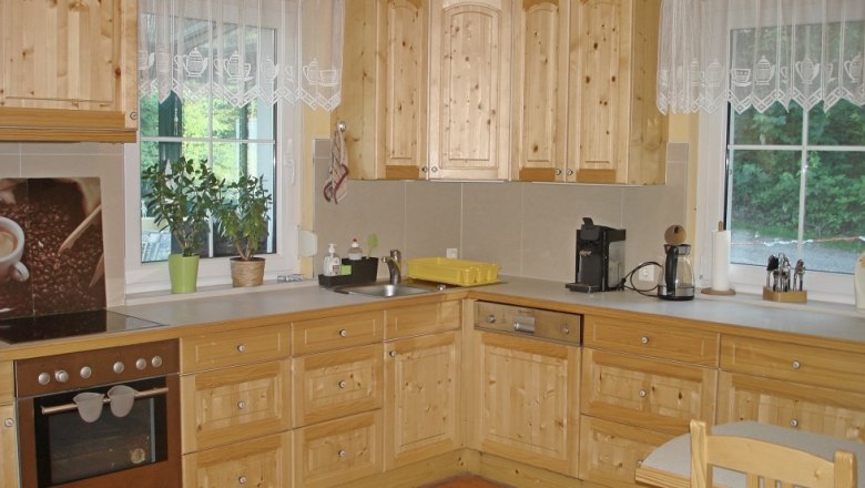 Wooden kitchen with appliances and plants in a vacation home.