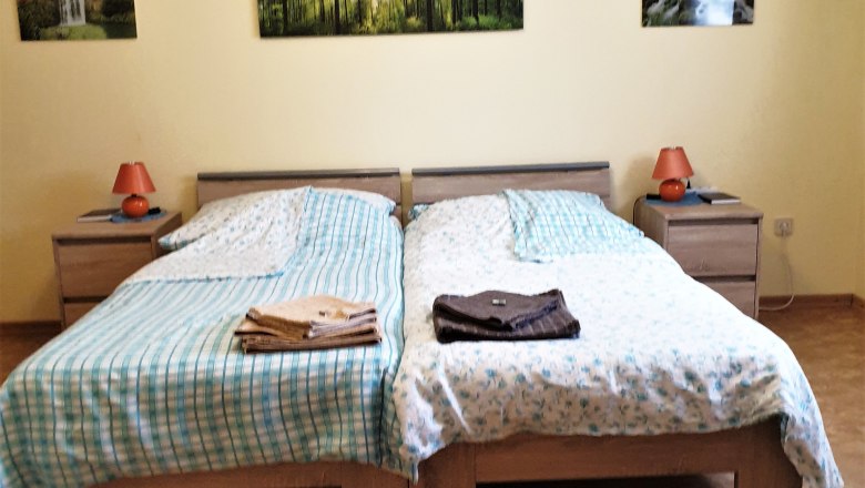 Bedroom with two single beds, bedside tables and forest landscape pictures on the wall.