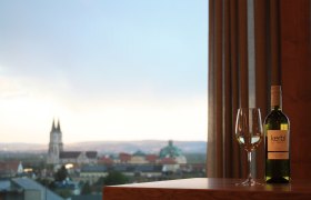 Wine bottle and glass in front of city panorama with church.