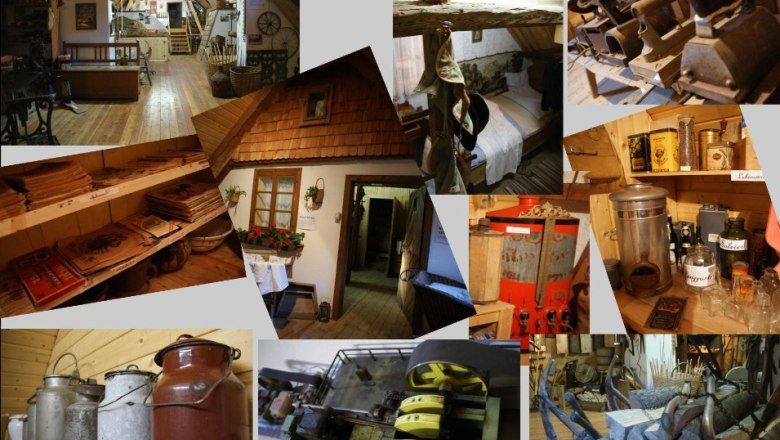 Collage of objects in a local history museum, including old household items, tools and furniture.