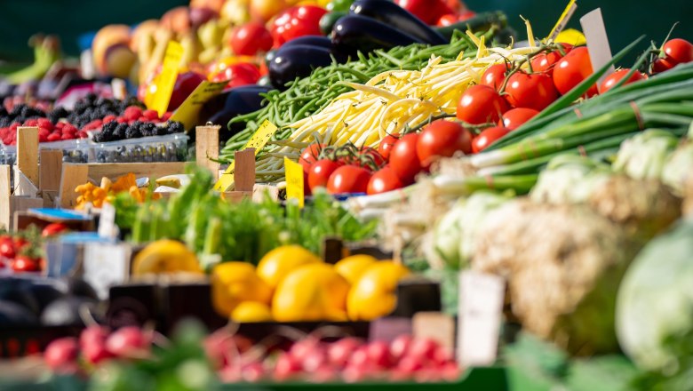 Fresh fruit and vegetables on a market stall.
