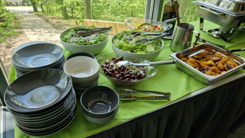 Outdoor buffet with various salads, plates, potatoes and cutlery on a green tablecloth.