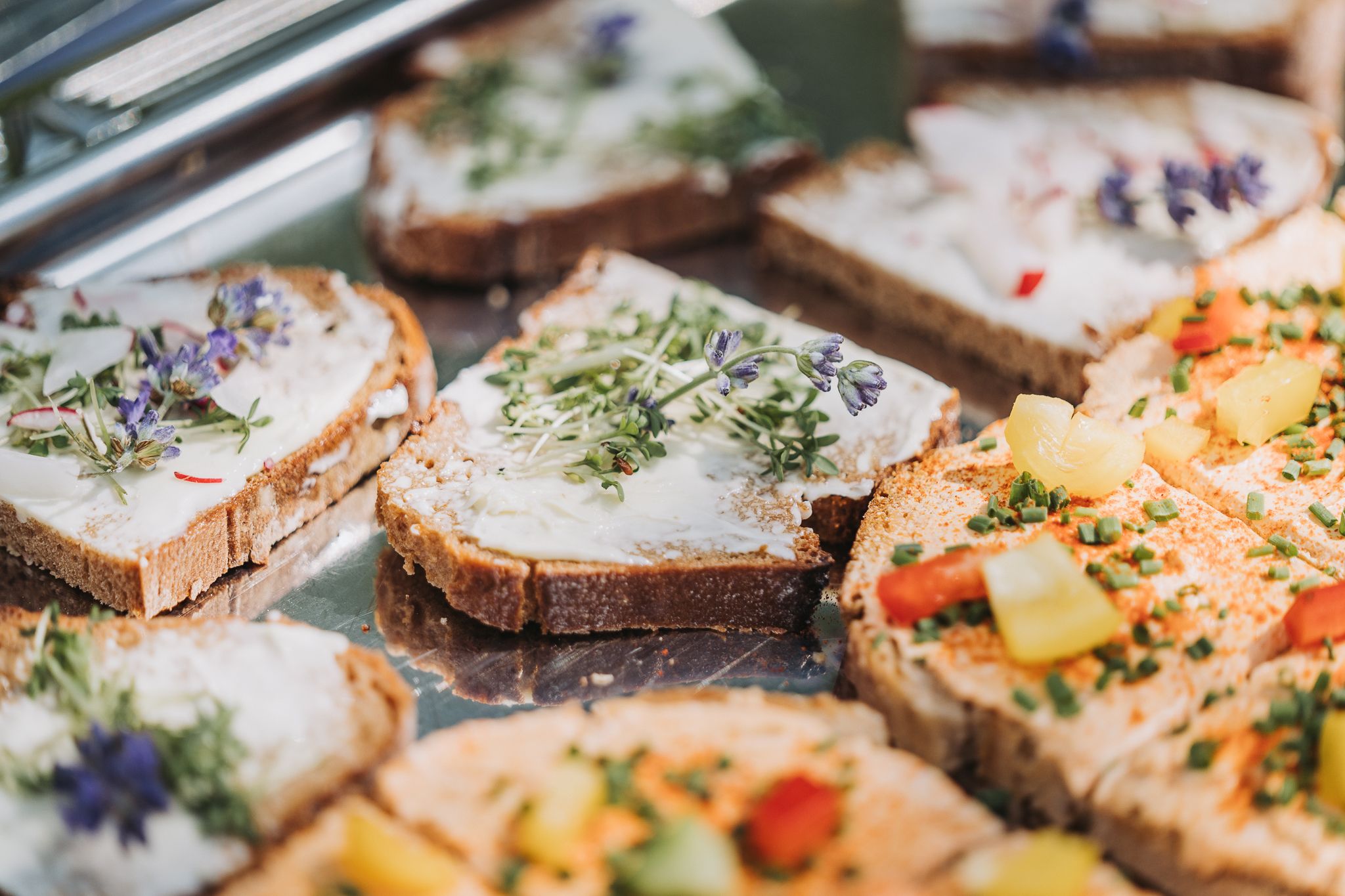 Close-up of slices of bread topped with cream cheese, herbs and vegetables.