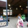 A child in winter clothes plays with a toy horse in an open room with piles of wood and toys. A cat walks past.