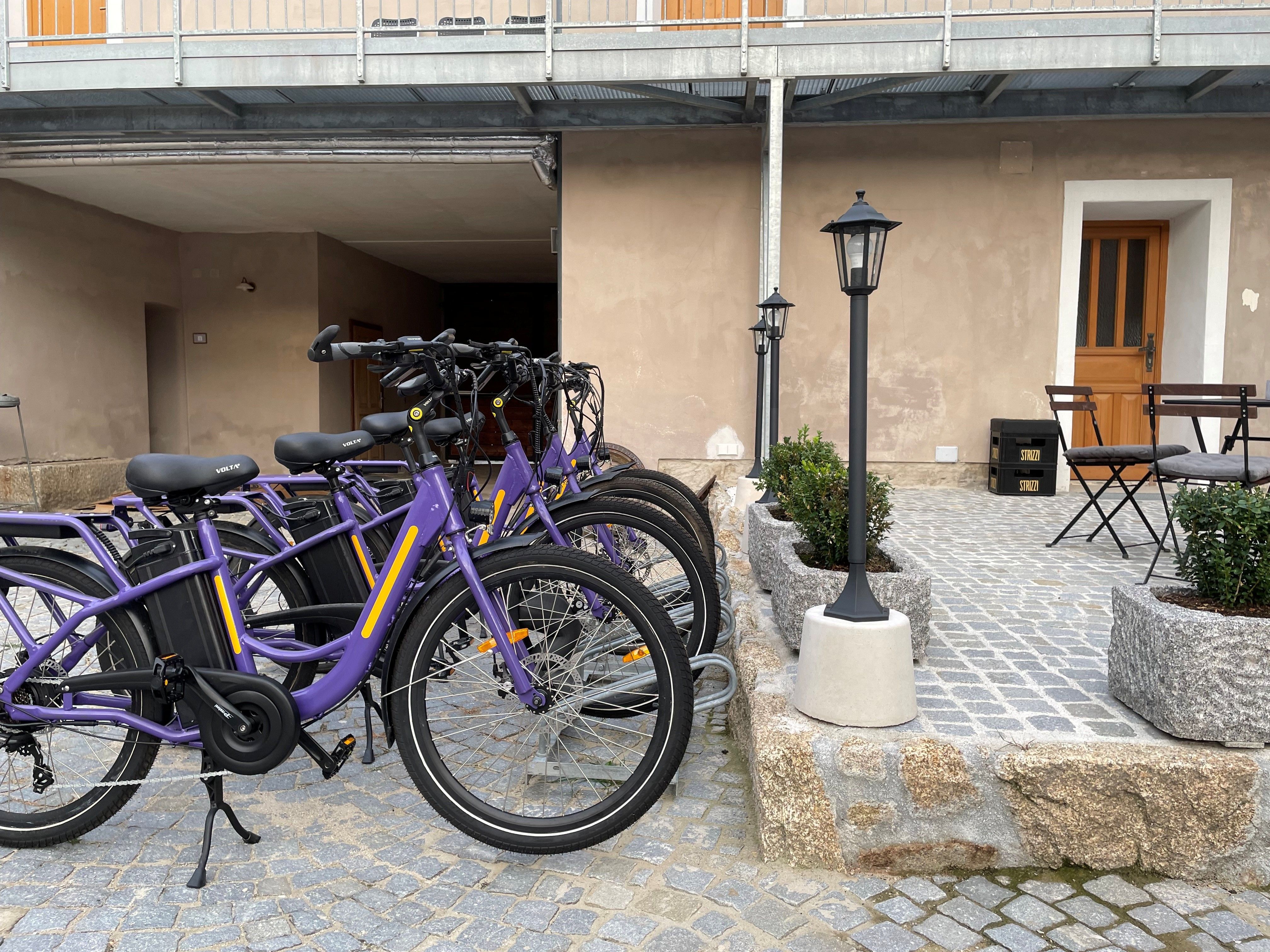 Several purple bicycles are parked in a paved courtyard next to a building with a wooden door and outdoor furniture.